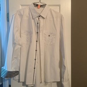 Men’s long sleeve shirt. White w/designs. XXL, but fits like an XL. Rarely worn.
